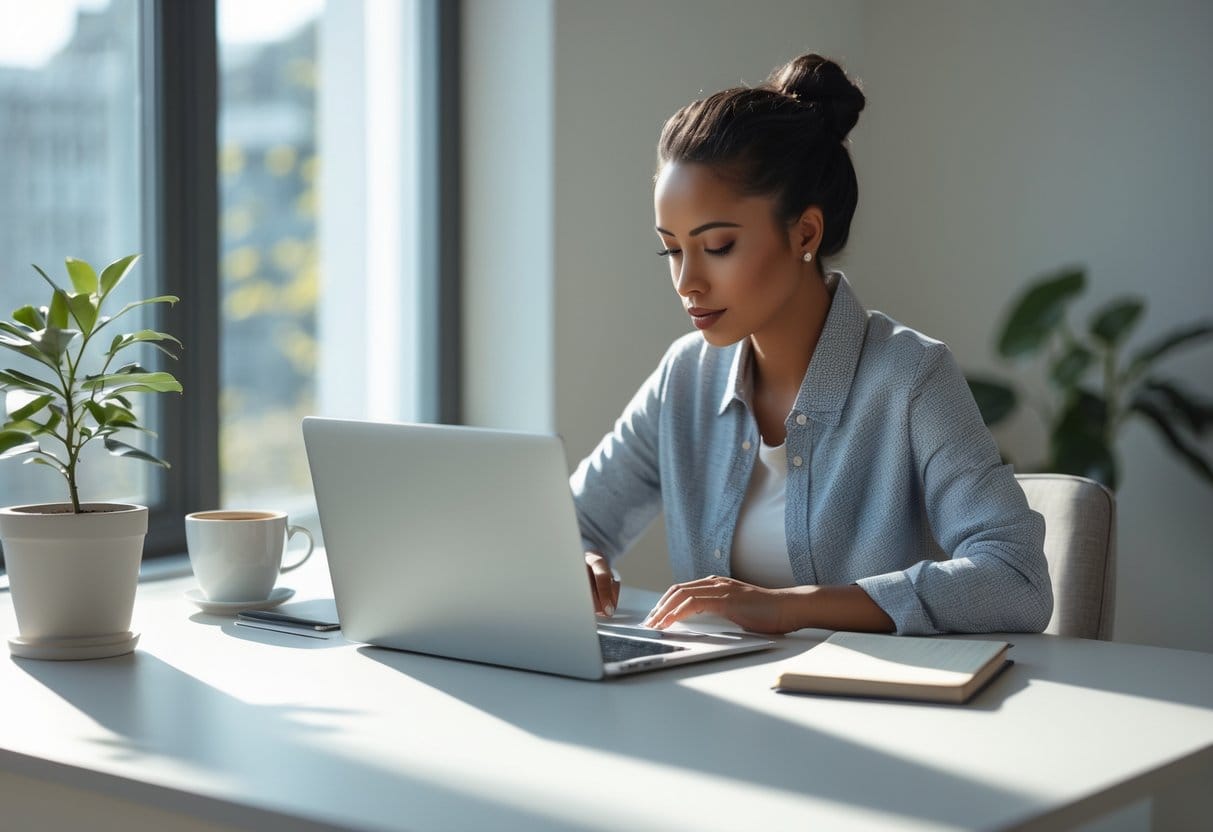 A person working focused at a clean desk with a laptop, notebook, and coffee in a bright, calm workspace.