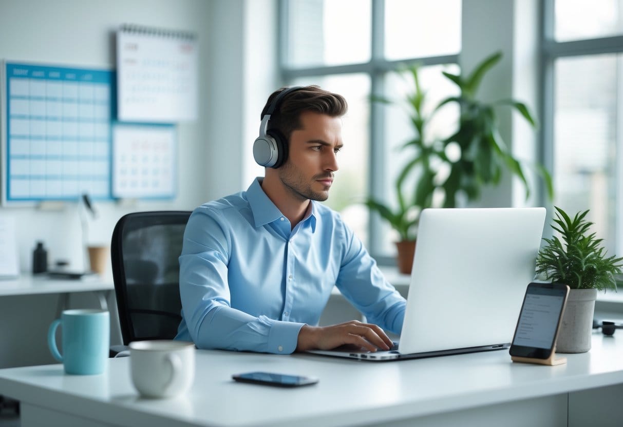 A professional working at a desk in a modern office, wearing headphones and focusing on a computer surrounded by typical workplace distractions like a phone and notifications.