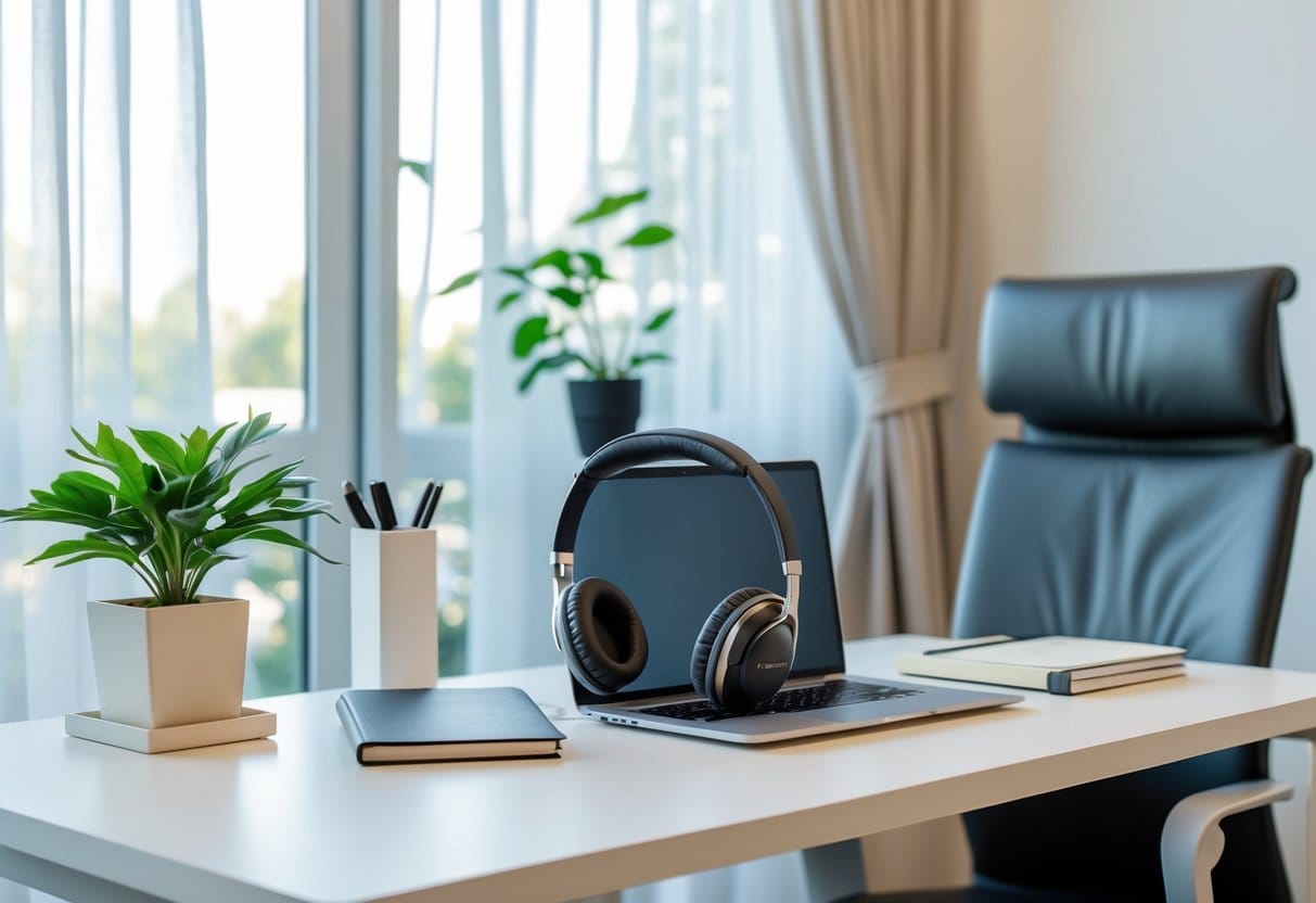 A clean and organized home office workspace with a laptop, headphones, plant, and ergonomic chair near a window.