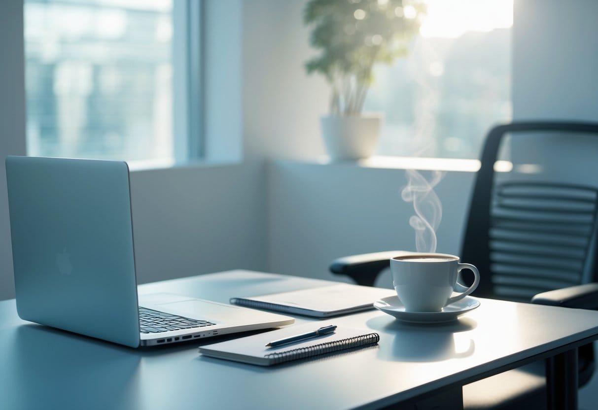 A clean and organized modern workspace with a laptop, notebook, pen, and coffee cup on a desk near a window.