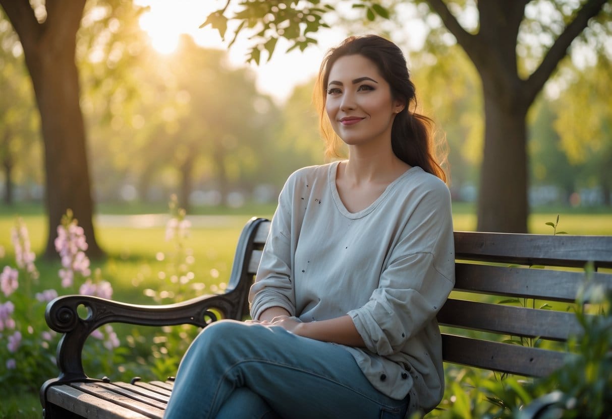 A young woman sitting on a wooden bench in a sunlit park, smiling peacefully with relaxed posture surrounded by trees and flowers.