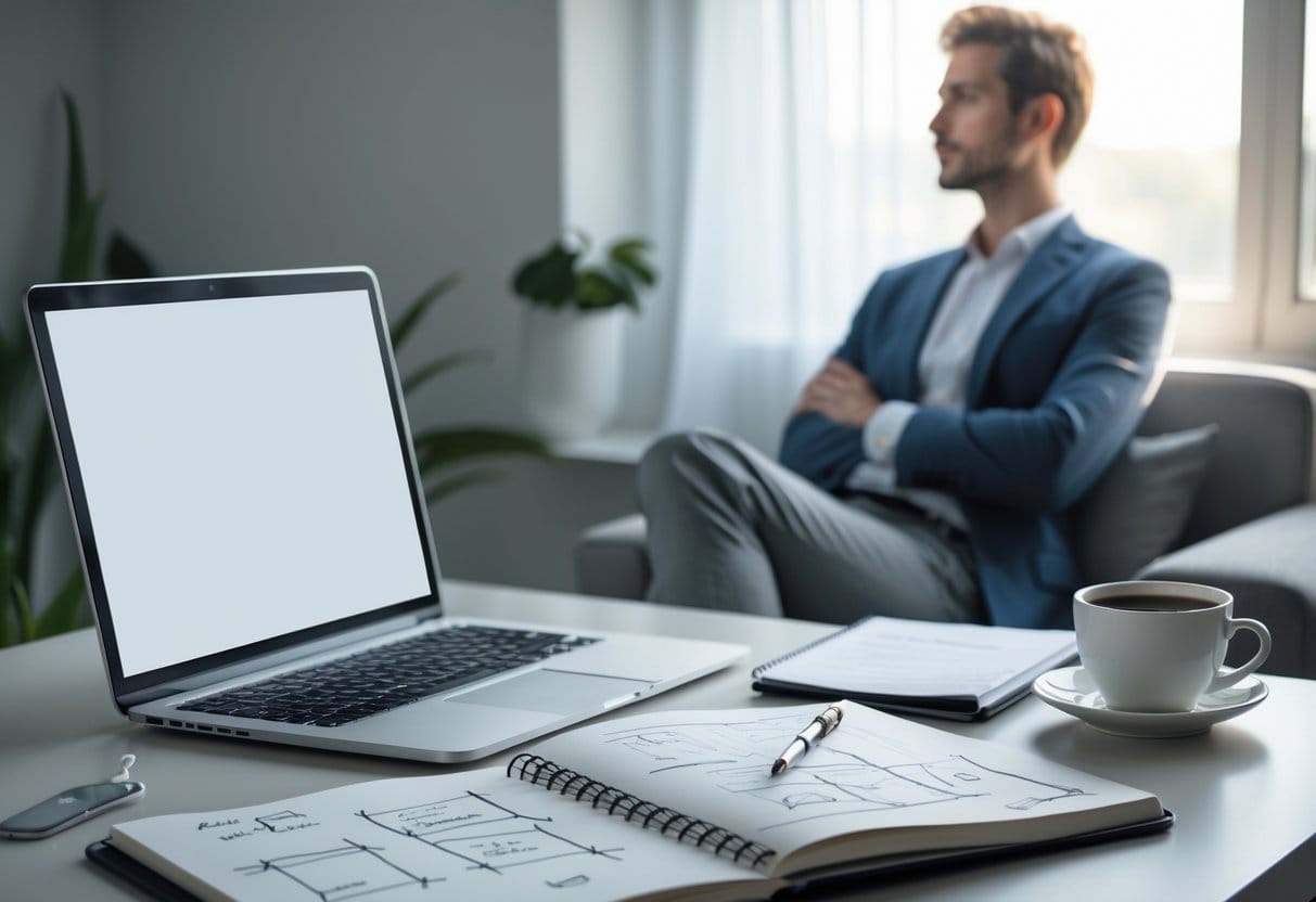 A person sitting thoughtfully at a desk with a laptop, notebook, and coffee cup in a bright, calm workspace.