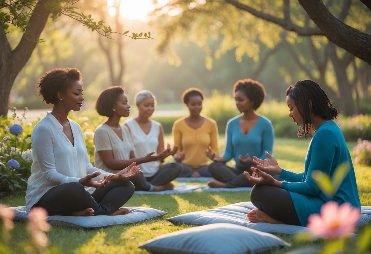 A diverse group of people in a sunlit park practicing mindfulness and sharing supportive moments, expressing calmness and acceptance.