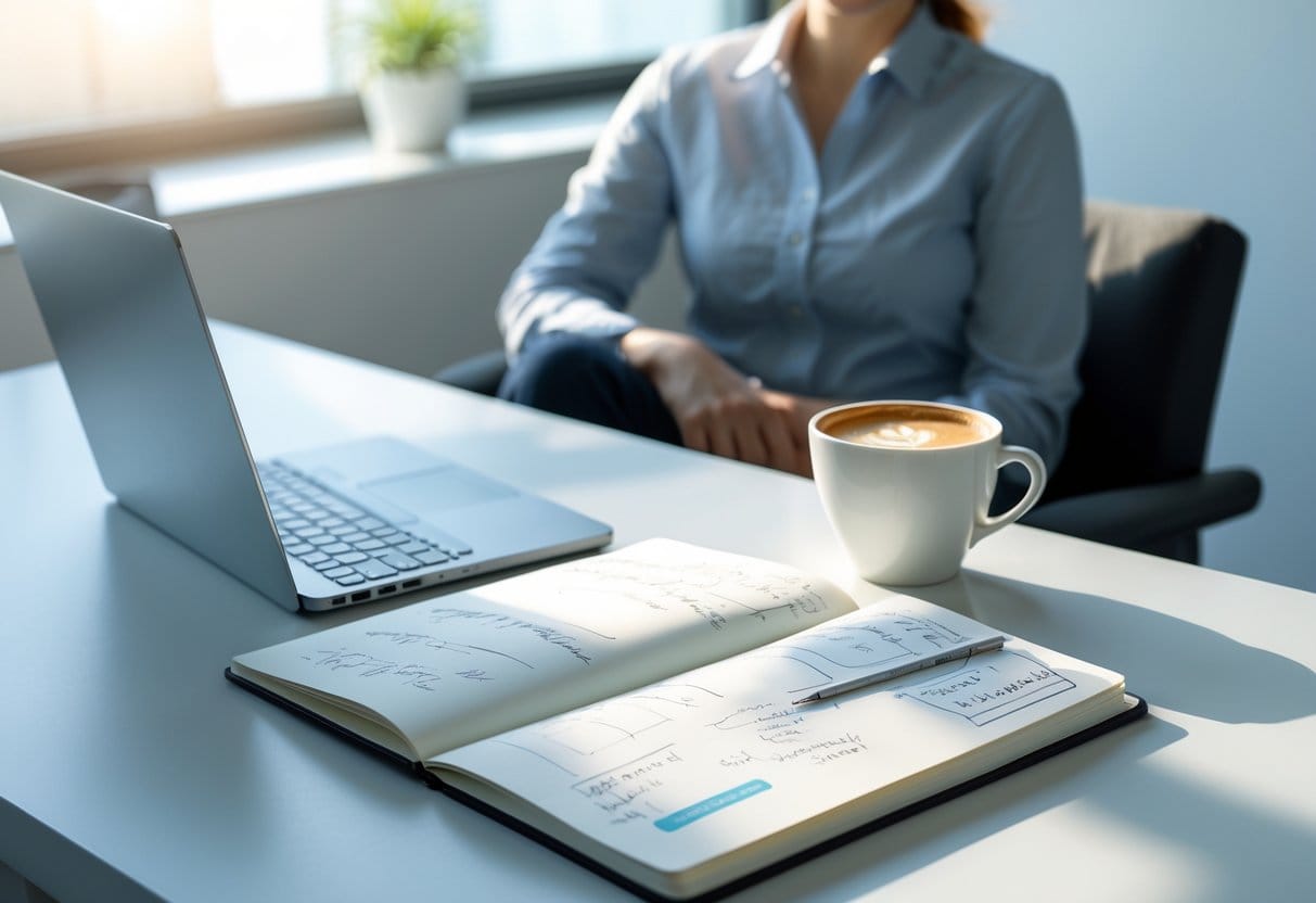 A person sitting thoughtfully at a desk with an open notebook, coffee cup, and laptop in a softly lit workspace.