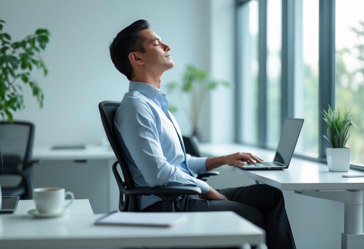 A person sitting calmly in a modern office, taking a thoughtful break with a laptop and coffee on the desk.