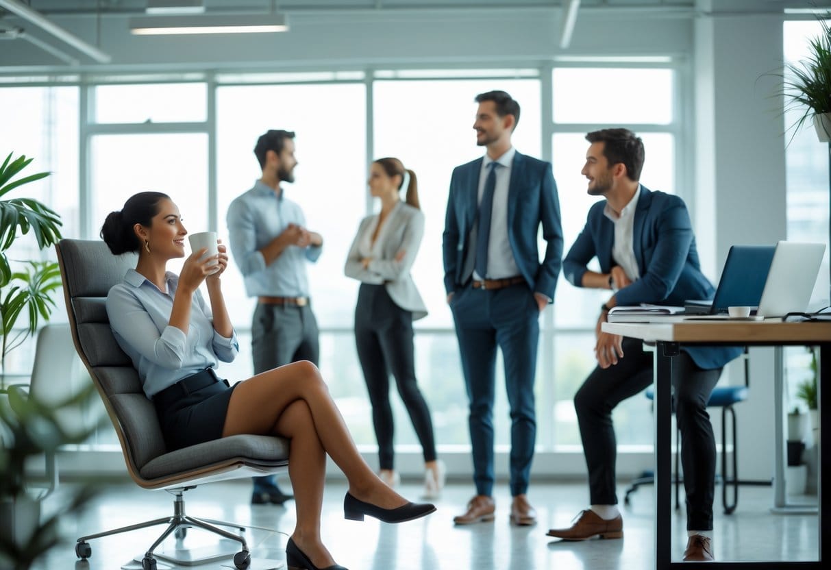 People in a bright office taking a break, relaxing and stretching near their workstations.