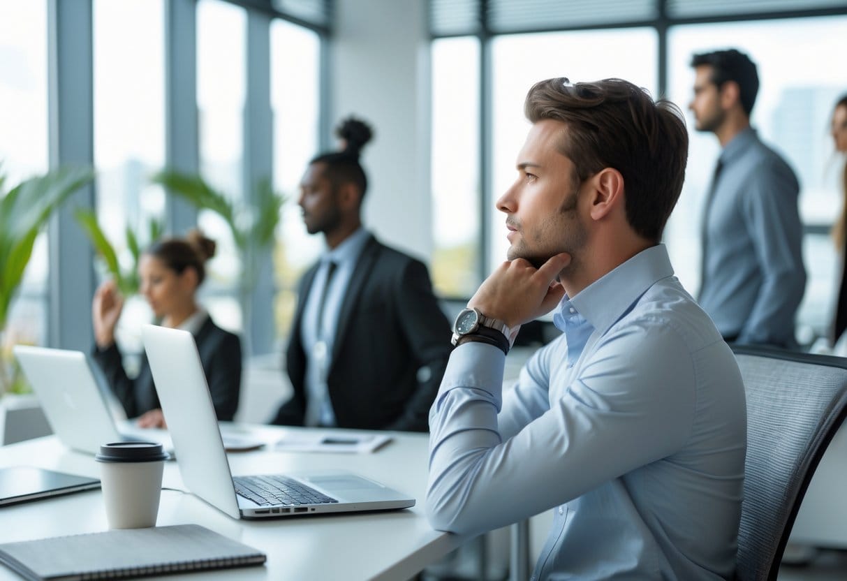 A person thoughtfully pausing at their desk in a bright office while a colleague stretches nearby, with work materials and natural light around them.