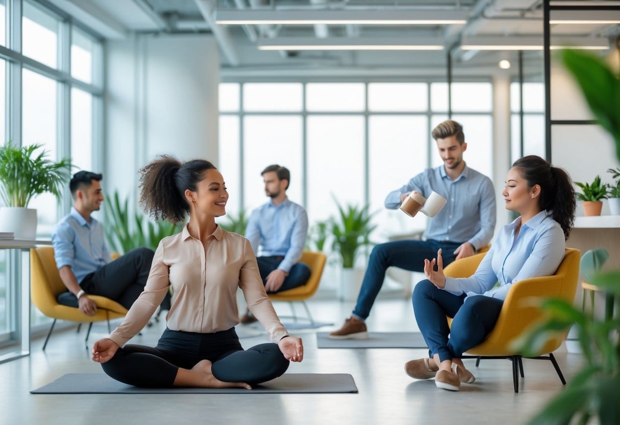 A group of young professionals taking a break in a bright office, stretching, drinking coffee, and meditating.