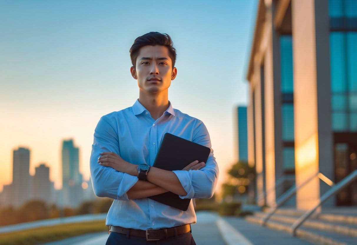 A confident young adult standing outdoors in a city setting, looking focused and determined.