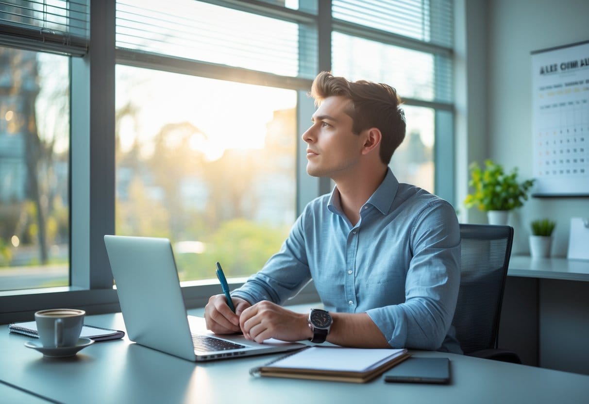 A young adult sitting at a desk in an office, looking thoughtfully out of a window with sunlight, surrounded by a laptop, notebook, and coffee cup.
