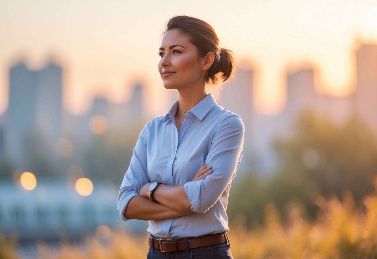 A confident young adult standing outdoors with a determined expression, looking towards the horizon in a sunlit natural setting.
