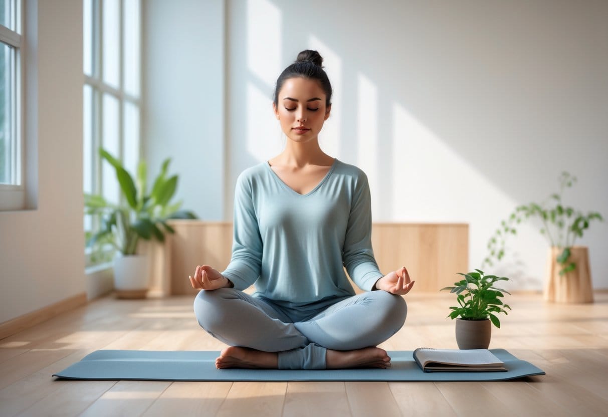 A person sitting cross-legged on a wooden floor in a bright room, meditating with a calm expression, next to a small plant and an open notebook.