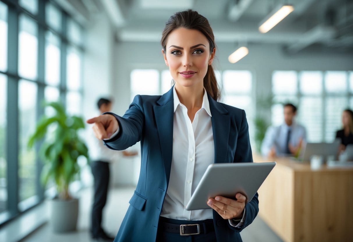 A confident young woman in business attire standing in a modern office, holding a tablet and pointing forward, with colleagues working in the background.