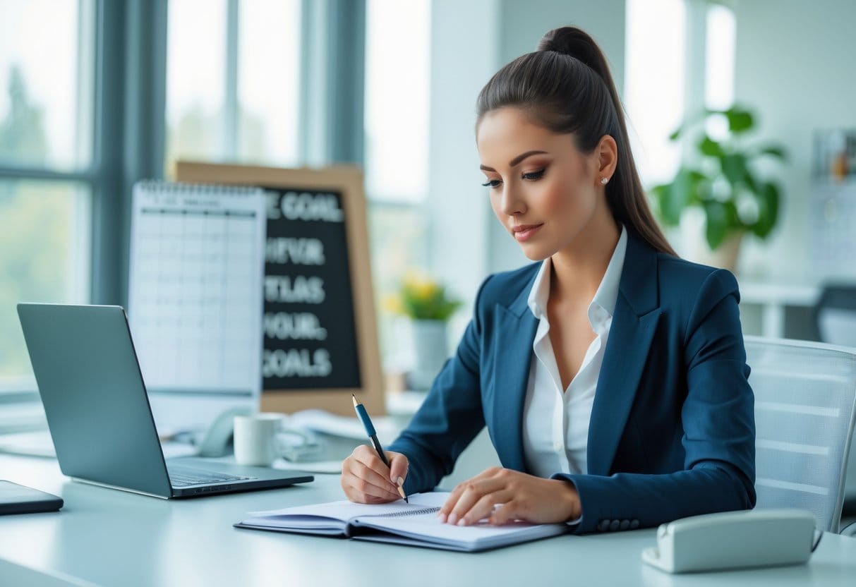 A young businesswoman writing in a notebook at her office desk, surrounded by a laptop and a calendar, focused on setting goals.