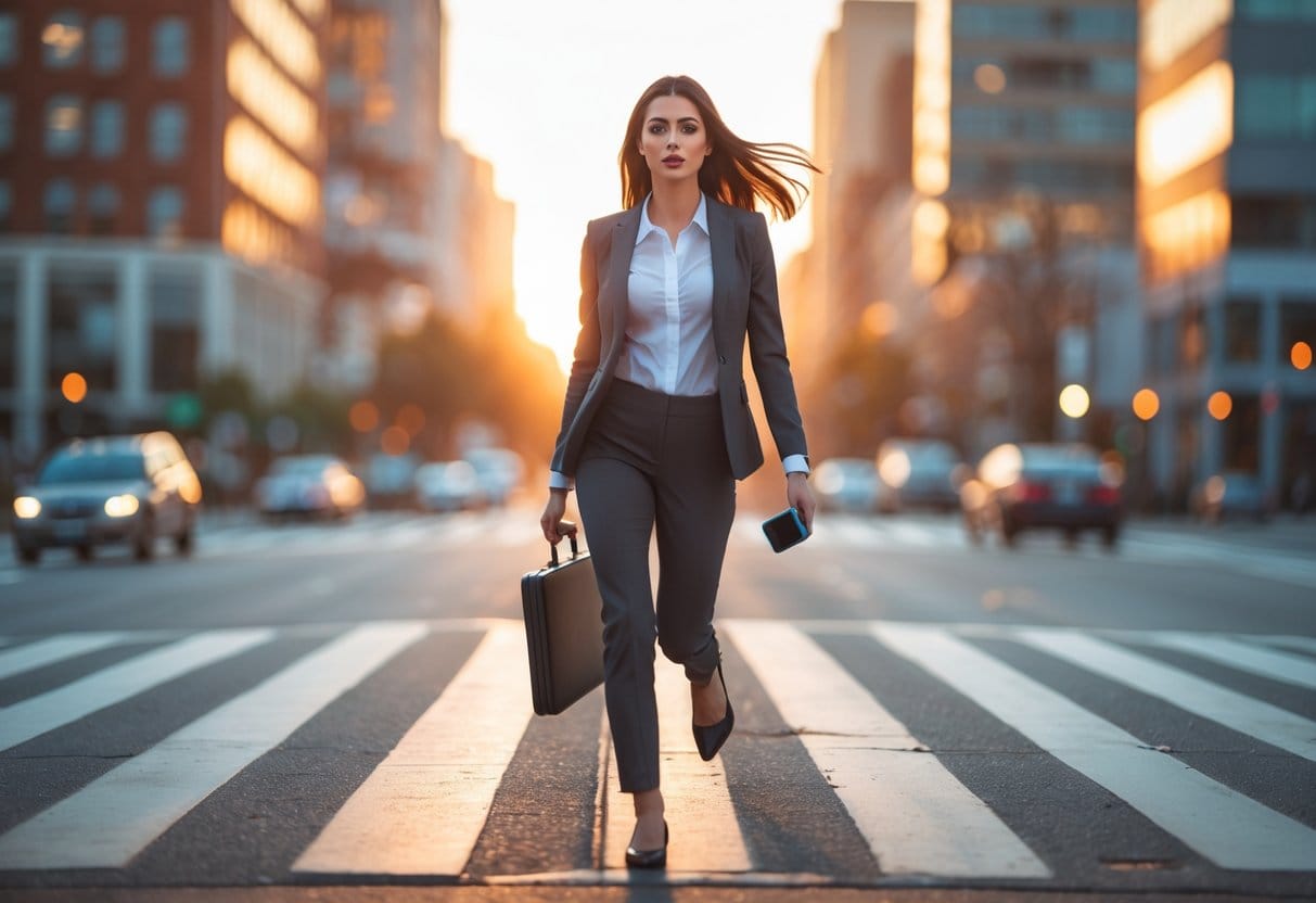 A young woman confidently walking forward at a city crossroads during sunset, captured mid-step with a determined look.