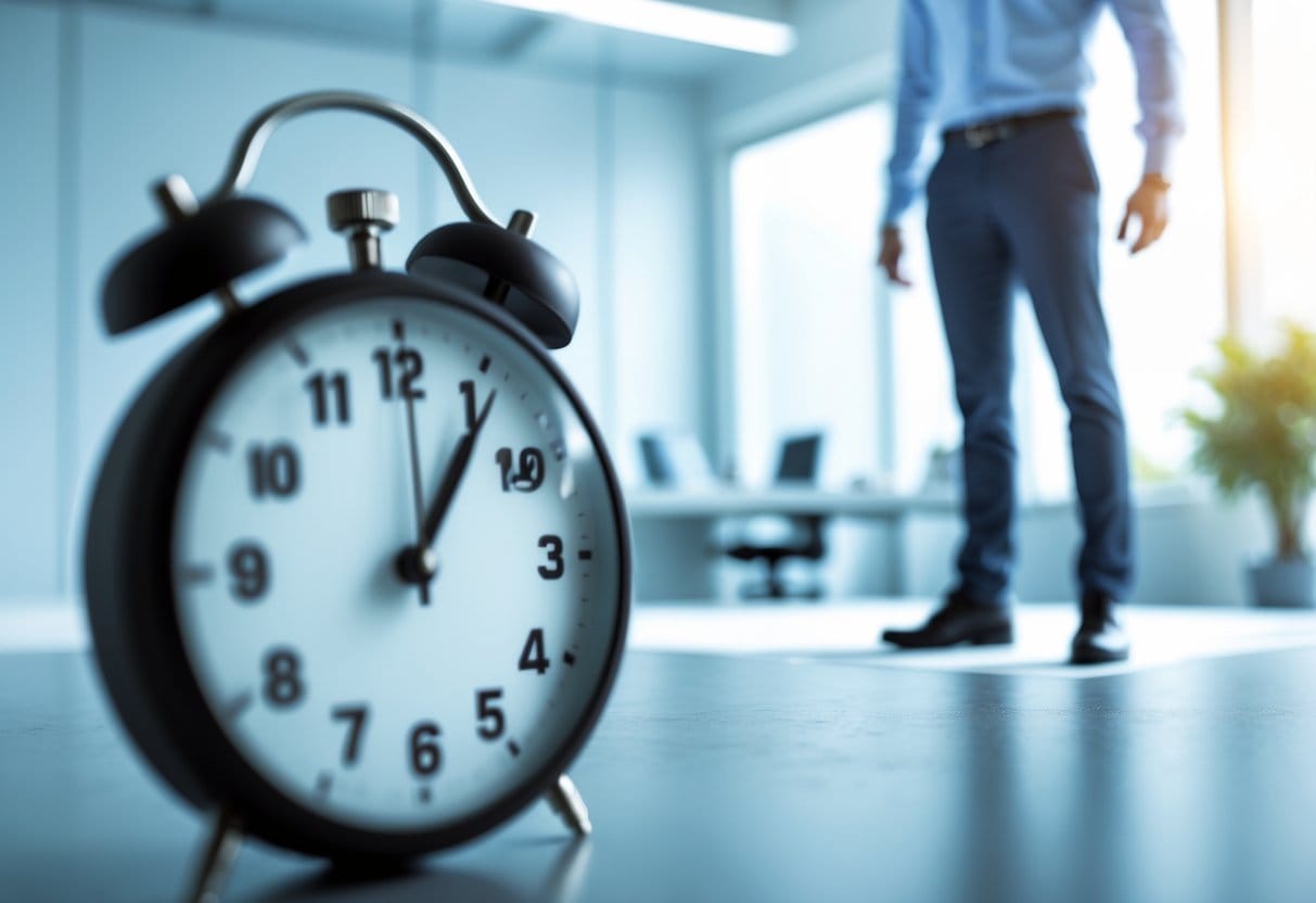 A confident young adult stepping forward in a bright modern office, showing determination and readiness to act.