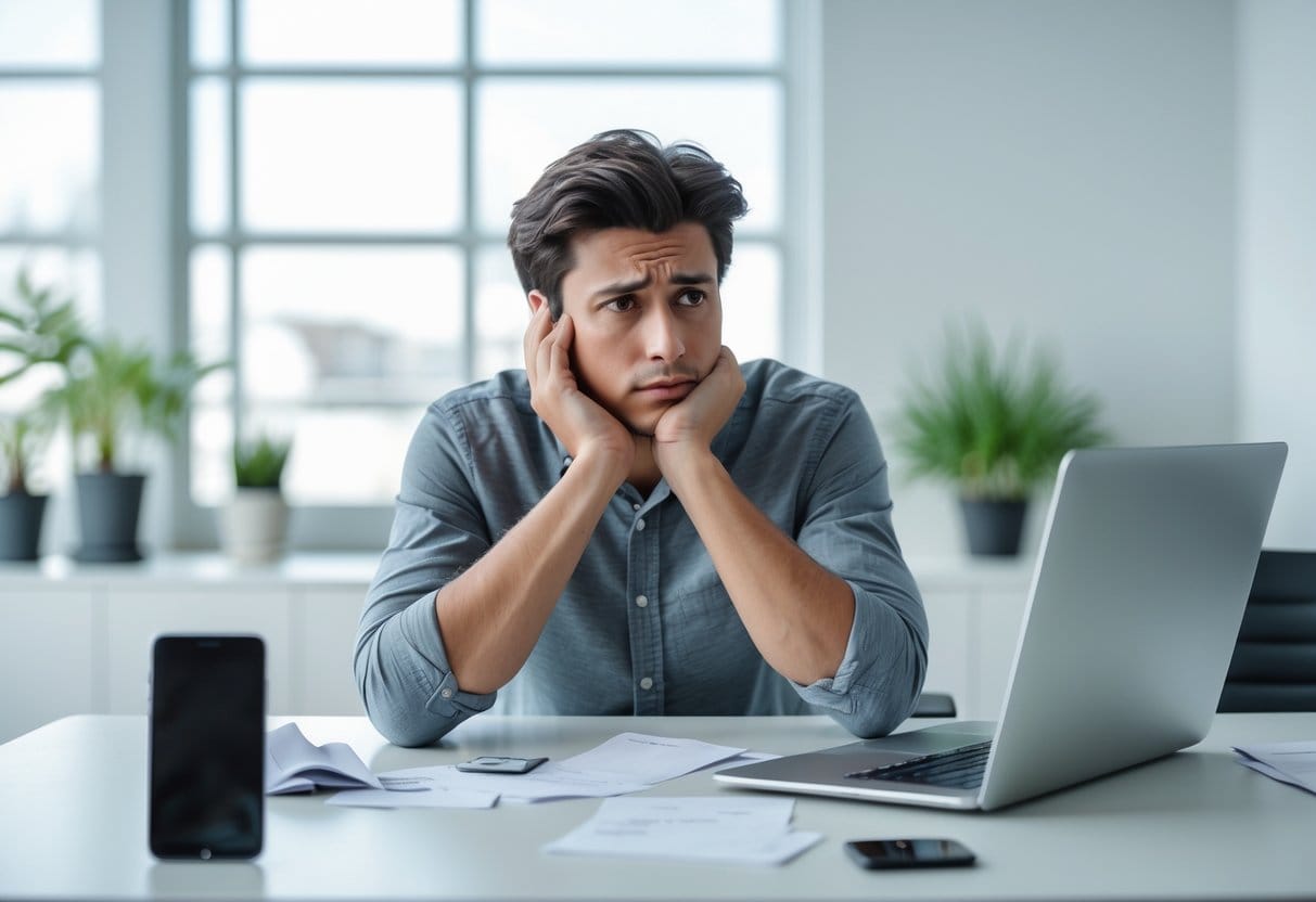 A young adult sitting at a desk, looking thoughtful and hesitant before making a decision.