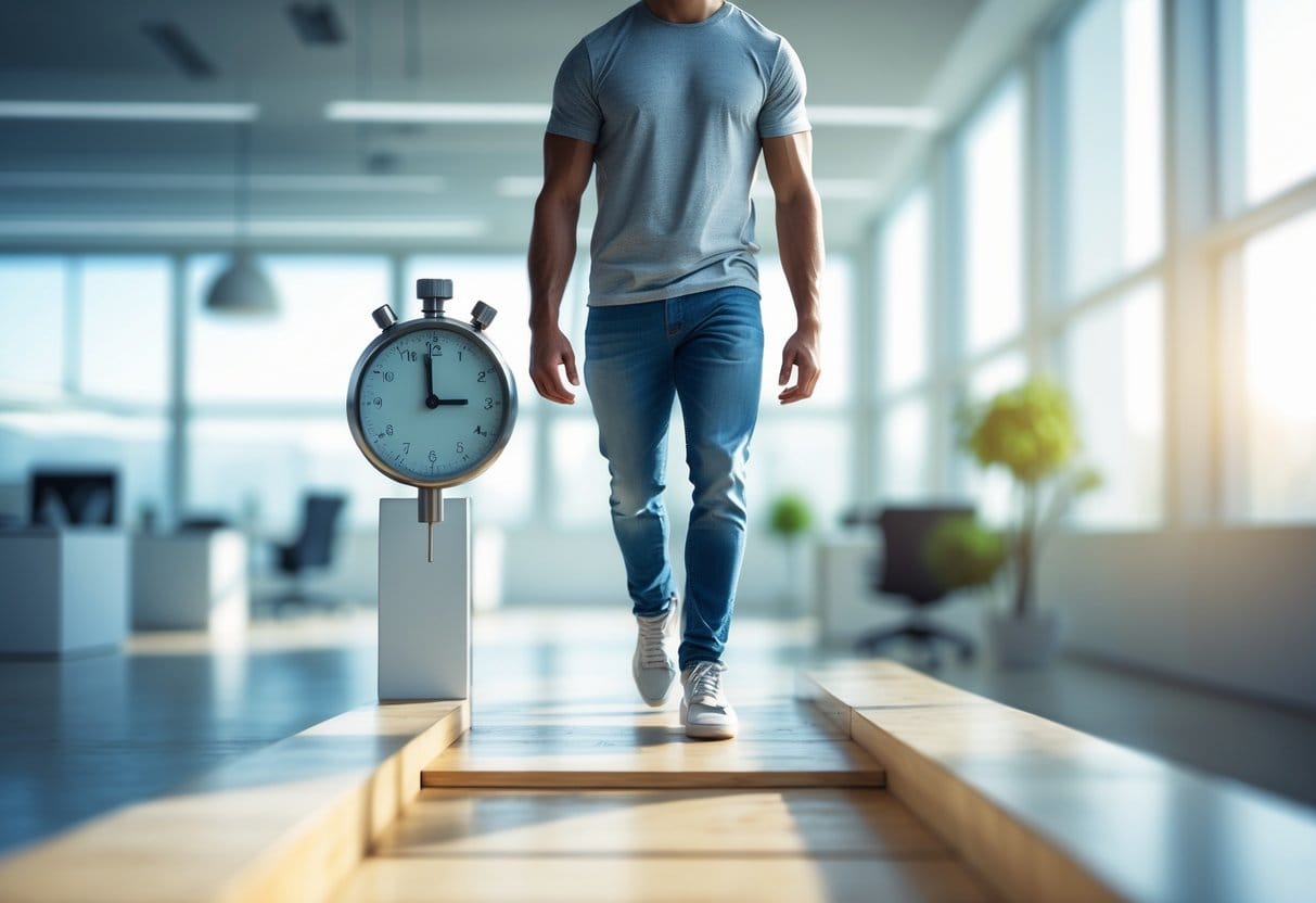 A confident young adult taking a step forward in a bright office, symbolizing overcoming hesitation and making a quick decision.