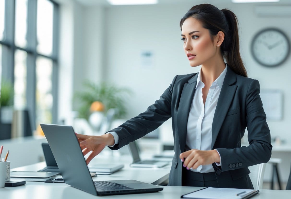 A young woman in business casual clothes reaching toward a laptop at an office desk, looking focused and ready to take action.