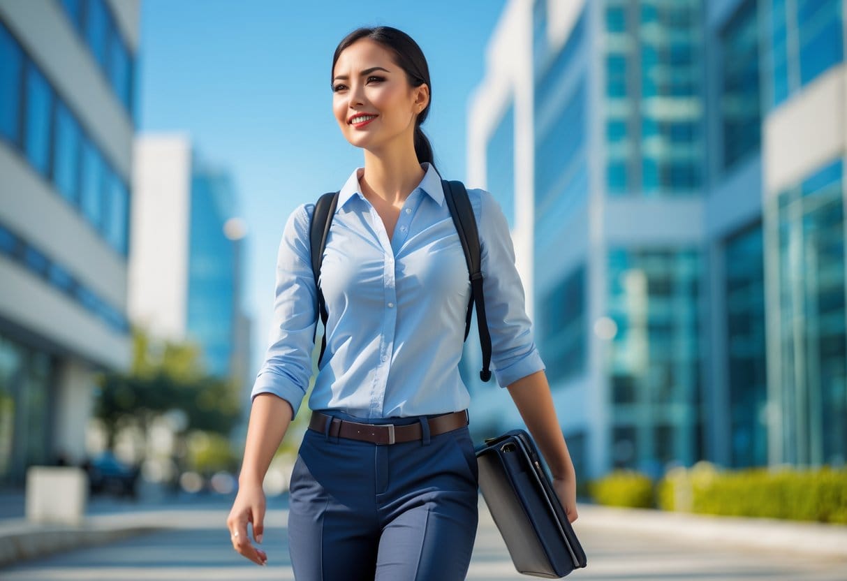 A confident young woman walking purposefully in a modern city setting, looking determined and motivated.