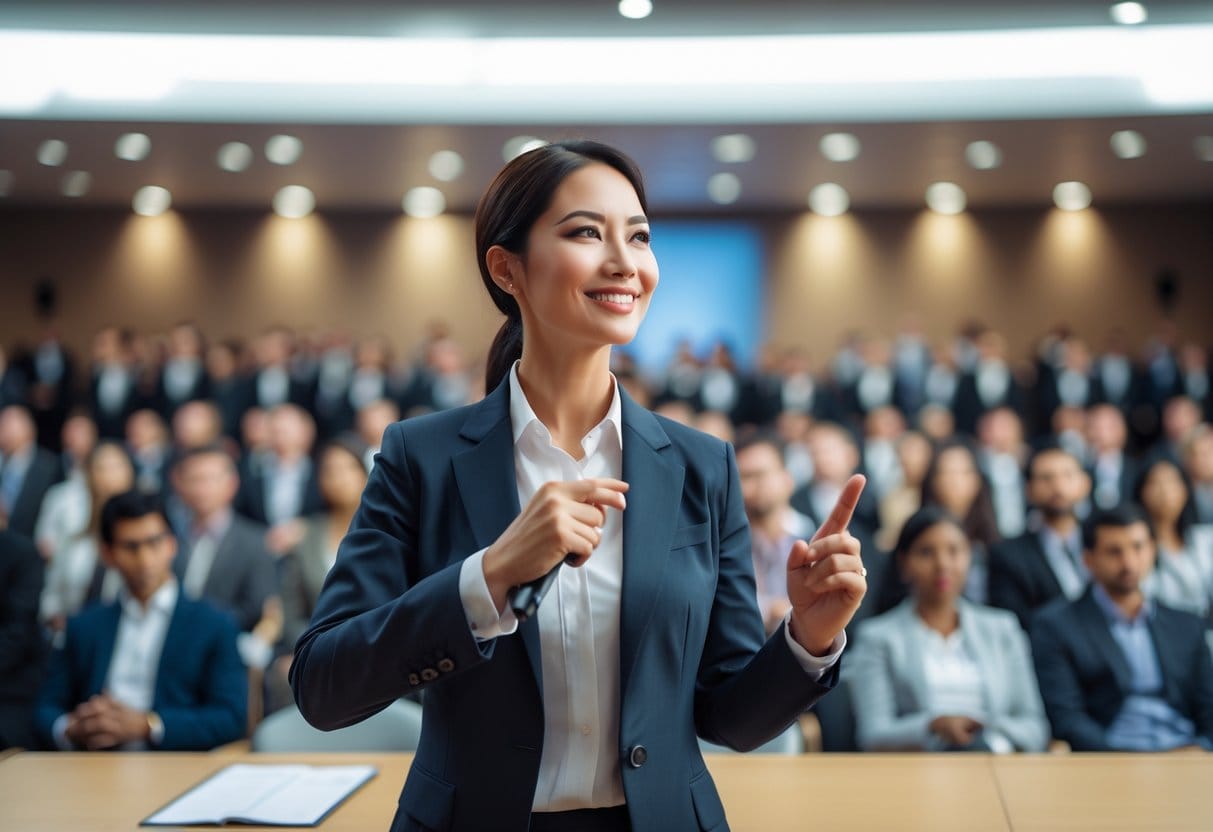 A confident speaker addressing a large audience in a modern conference hall.