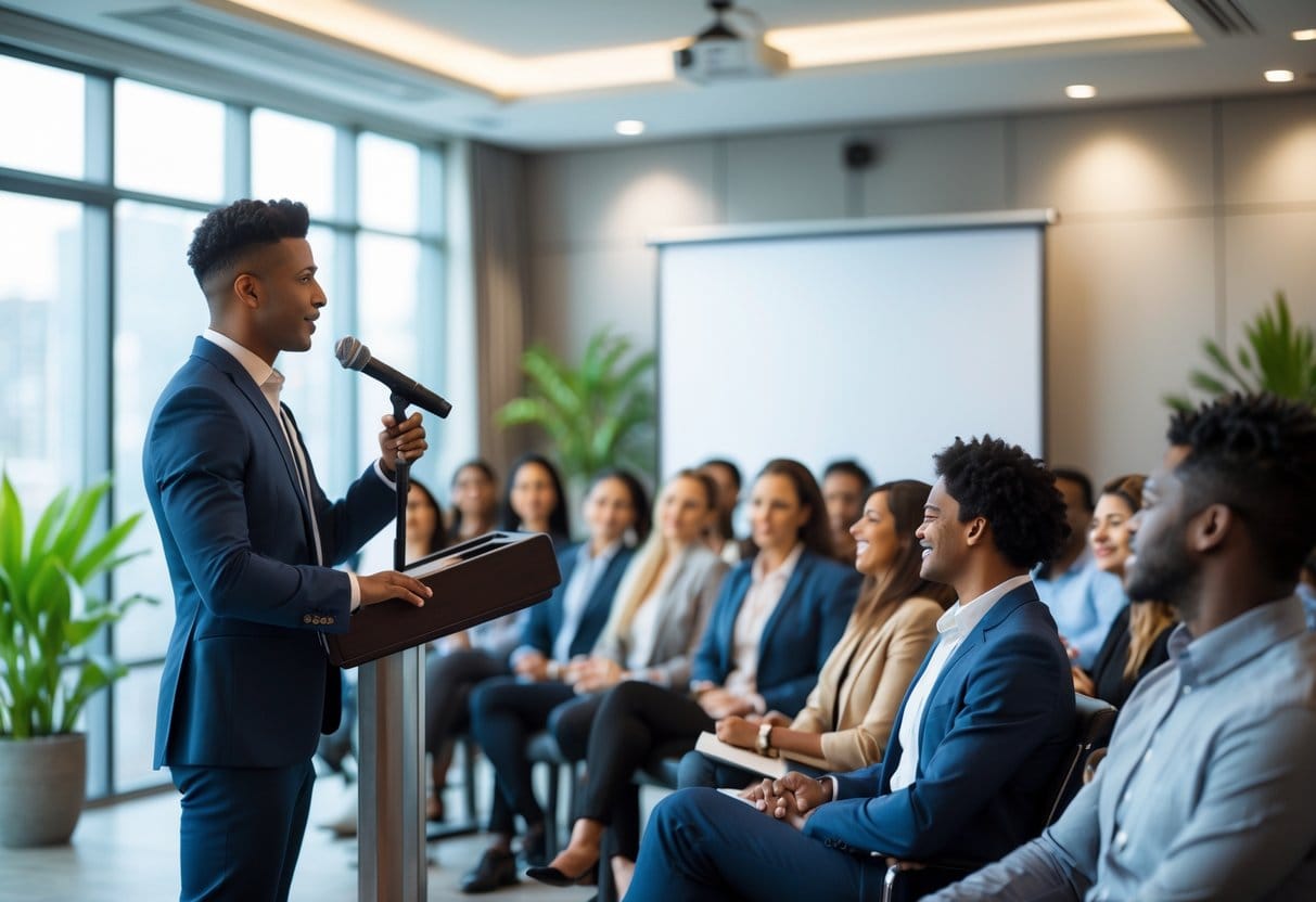 A confident speaker stands at a podium addressing an attentive audience in a conference room.