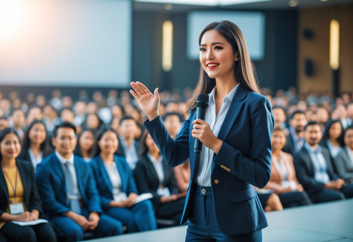 A confident young woman speaking on stage to a diverse, attentive audience in a conference hall.