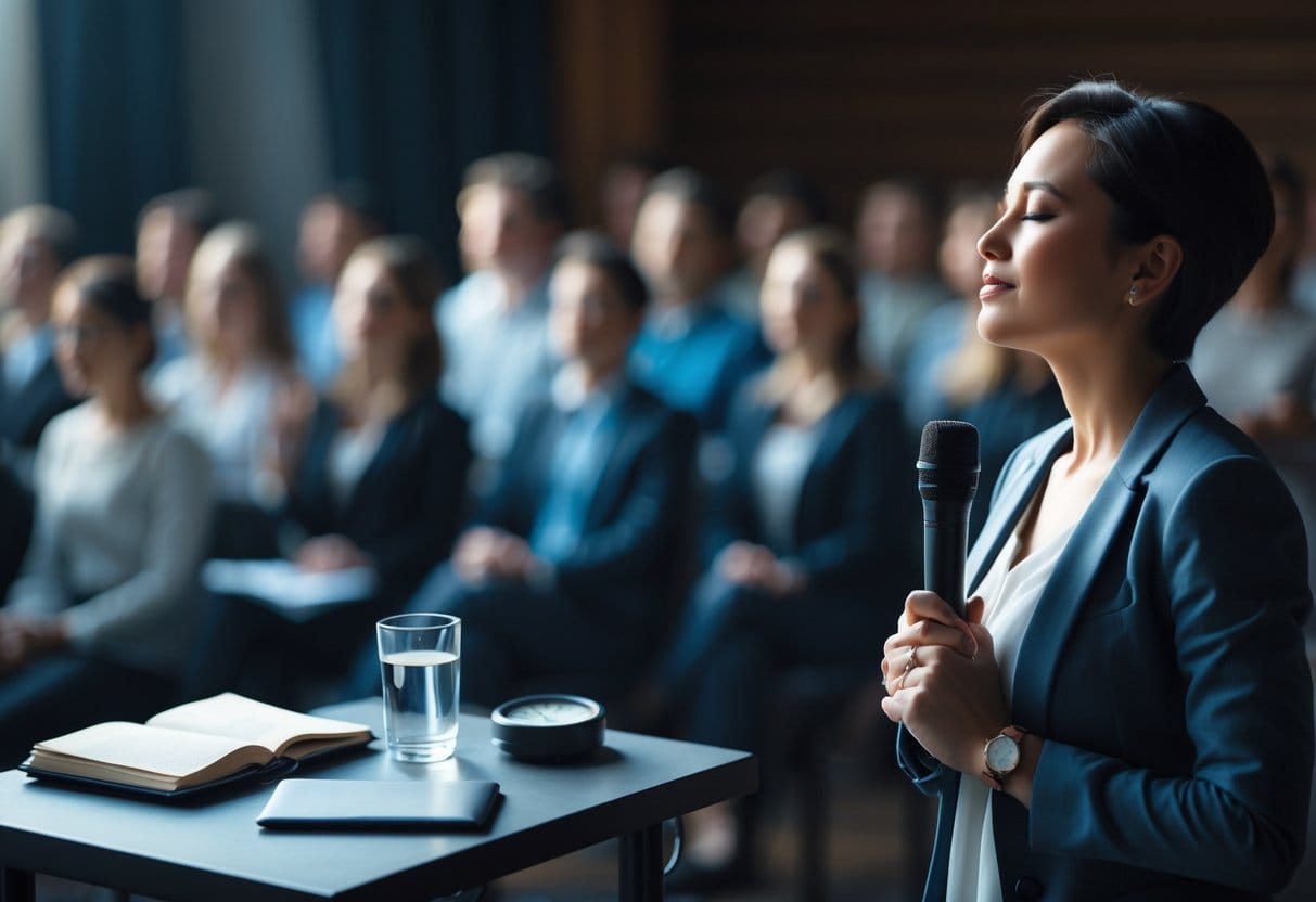 A person standing on a stage with eyes closed, taking a deep breath before speaking, with an attentive audience in the background.