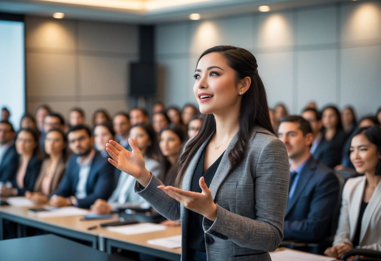 A woman confidently speaking on stage to an attentive audience in a conference room.