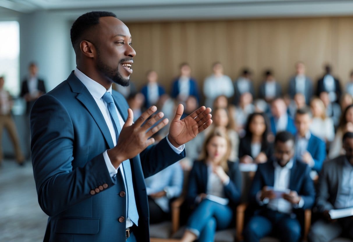 A confident speaker delivering a speech to an attentive audience in a modern conference room.