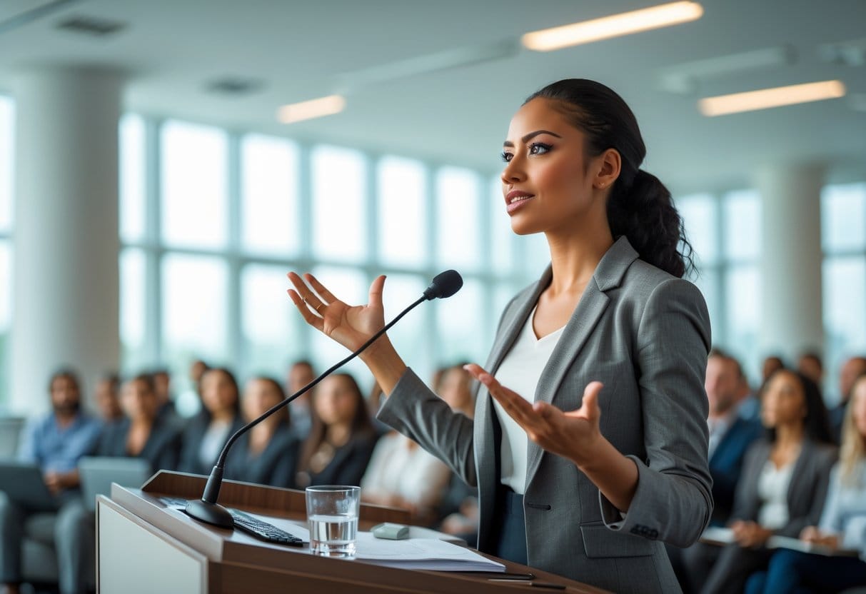 A young woman confidently speaking at a podium in front of an attentive audience in a conference room.