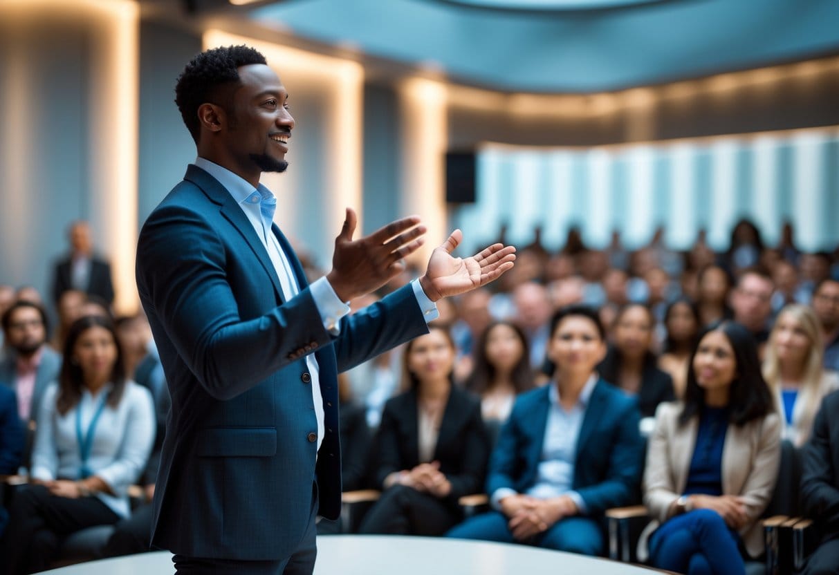 A confident speaker engaging a diverse audience in a modern conference room.