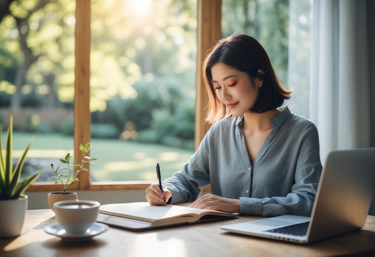 A person sitting at a wooden desk writing in a notebook with a cup of tea and a laptop nearby, sunlight coming through a window overlooking a garden.