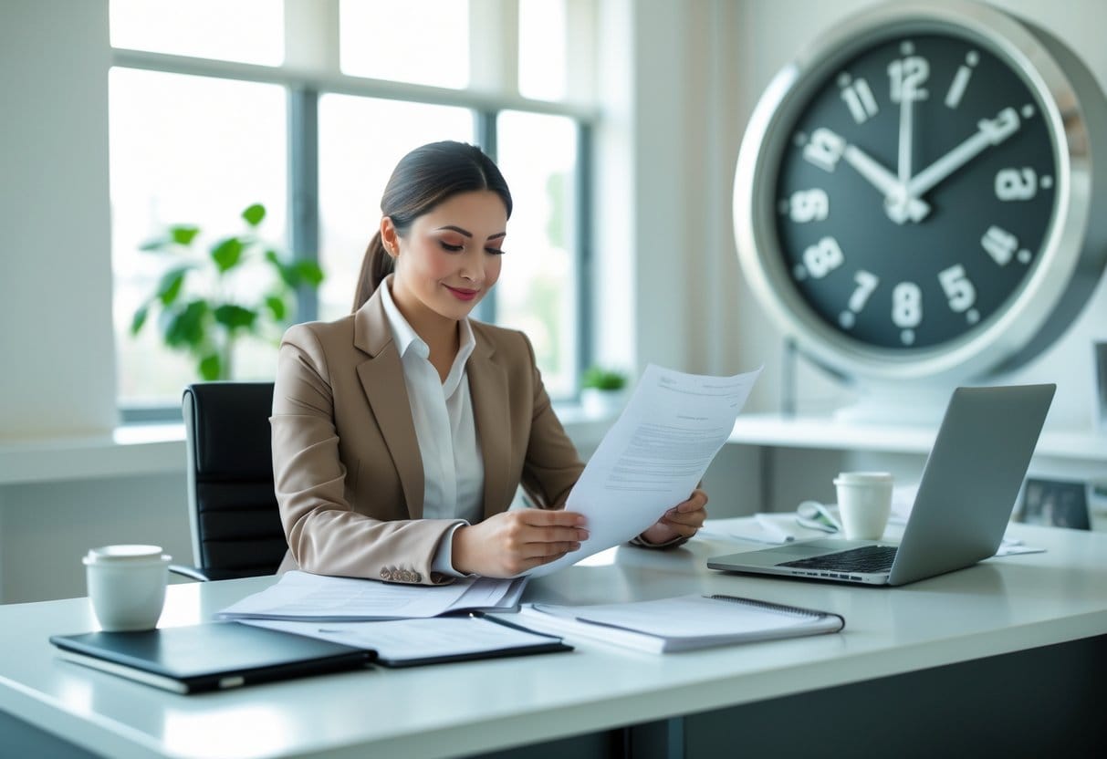 A business professional calmly reviewing documents at a desk in a bright office with a clock visible in the background.