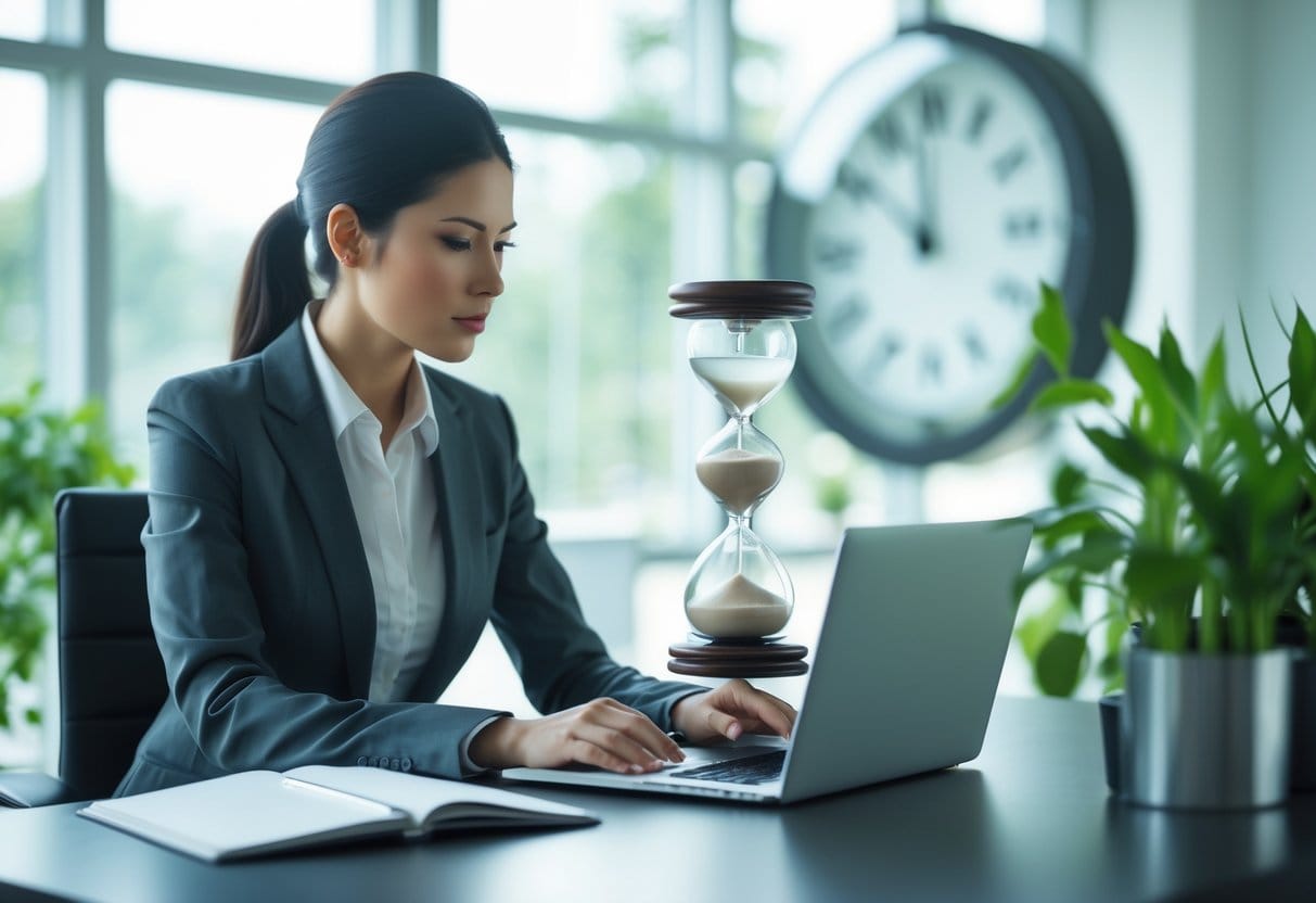 A businesswoman calmly working at her desk in a bright office with an hourglass and a blurred clock in the background.