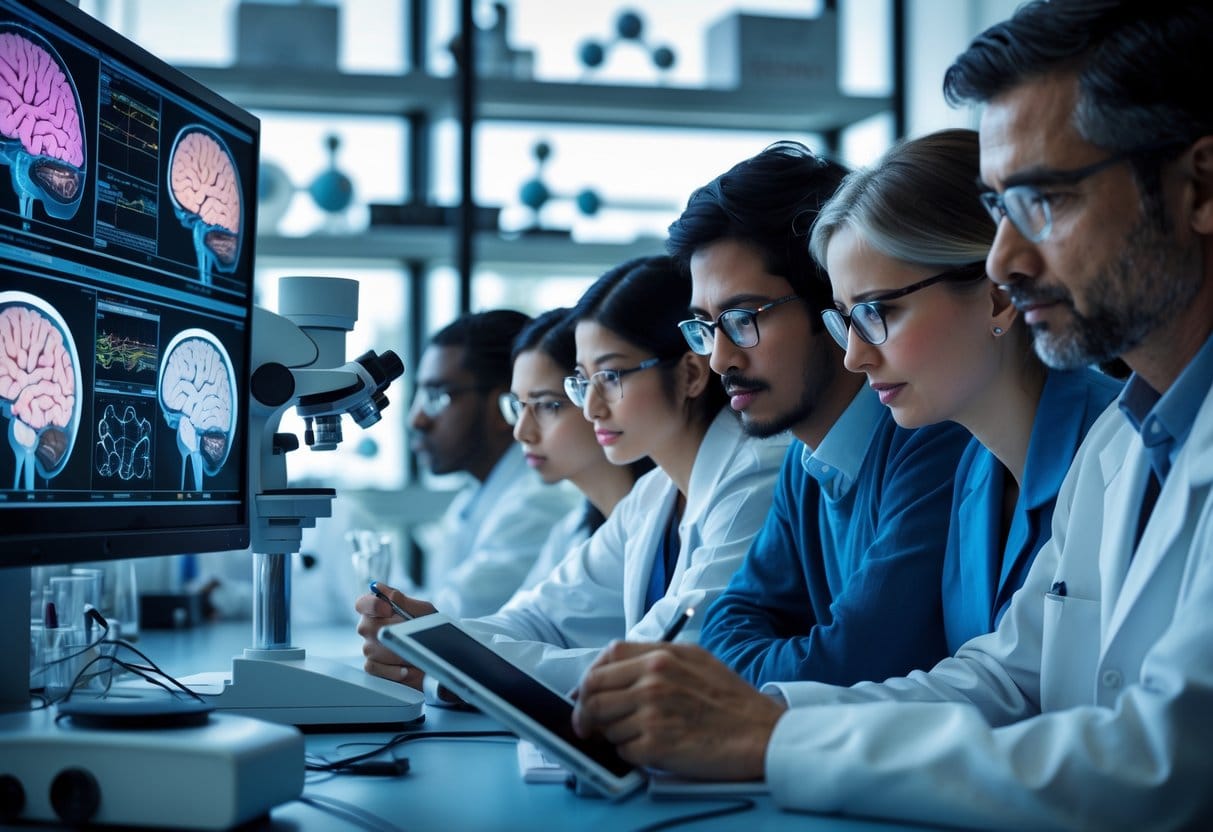 Scientists working attentively in a neuroscience lab surrounded by brain scans and scientific equipment.