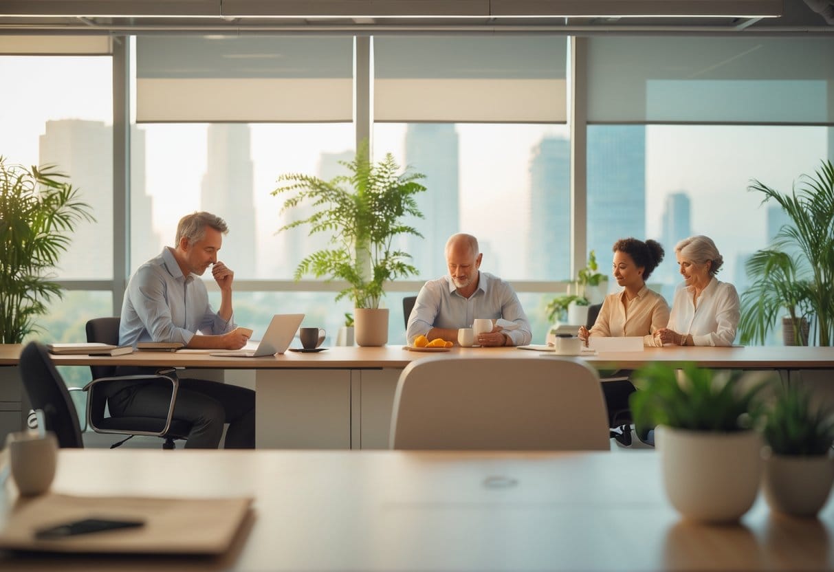 A calm office scene showing people taking mindful breaks, journaling, and stretching in a bright, plant-filled workspace.