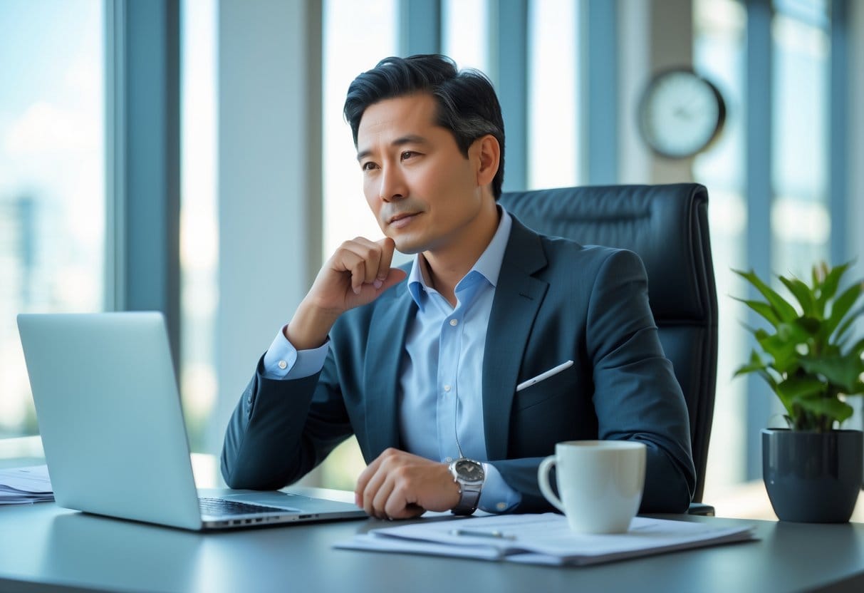 A business leader in a modern office thoughtfully pausing while seated at a desk with a laptop and coffee.