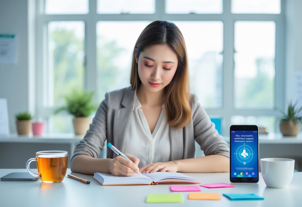 A young woman sitting at a desk in a bright office, writing in a notebook surrounded by a smartphone and a cup of tea.