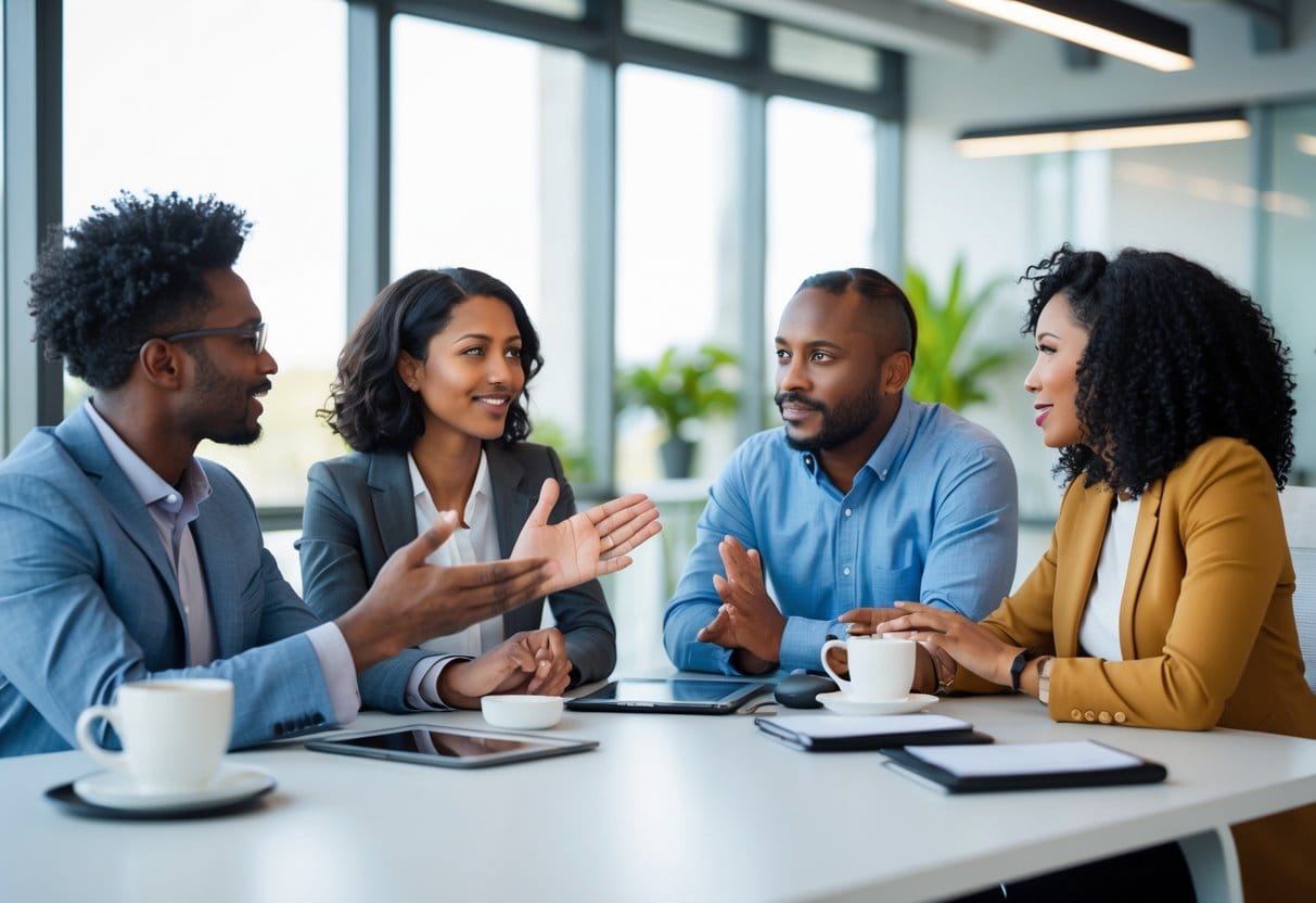 Four adults in an office engaged in a thoughtful group discussion around a table.