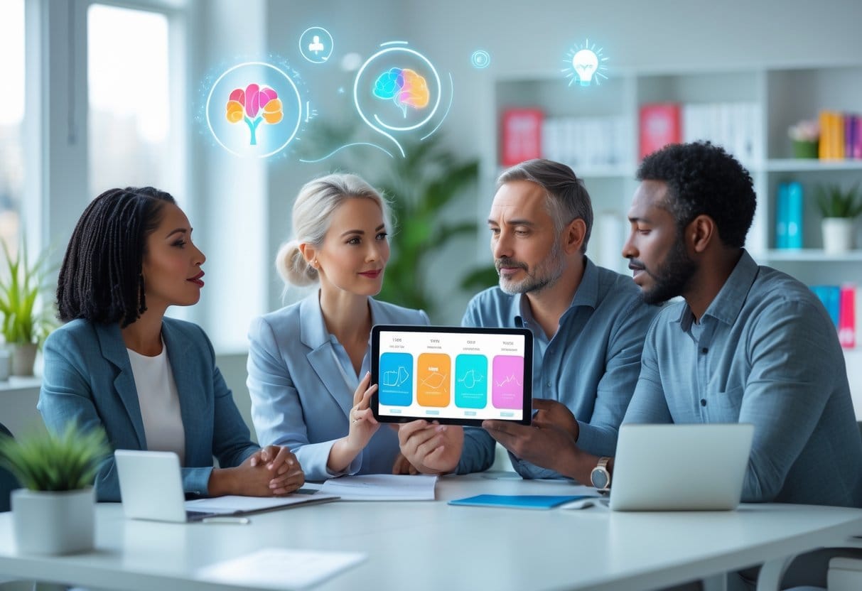 Three adults discussing emotional concepts around a table in a bright office, with one person showing charts on a tablet.