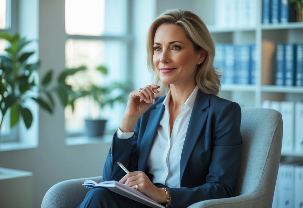 A female psychologist sitting in a bright office, holding a notebook and pen, looking thoughtful and calm.
