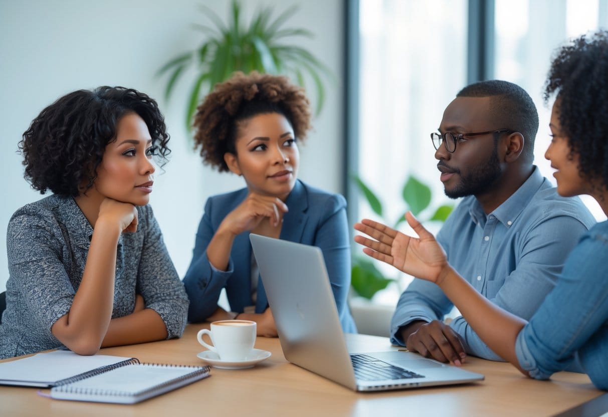 Three adults in an office having a supportive and thoughtful conversation, with one person looking contemplative and others offering encouragement around a table with notebooks and a laptop.