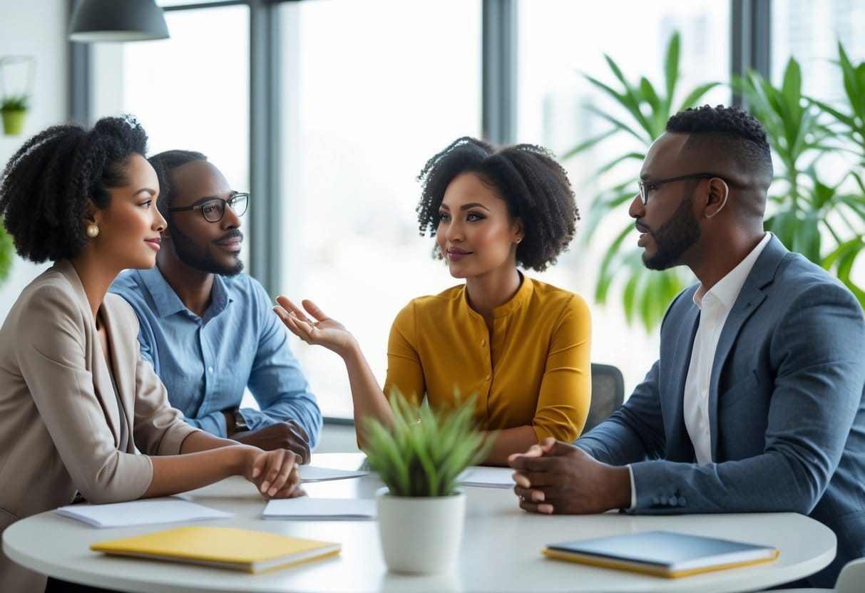 Three adults having a calm and focused discussion around a table in a bright office.
