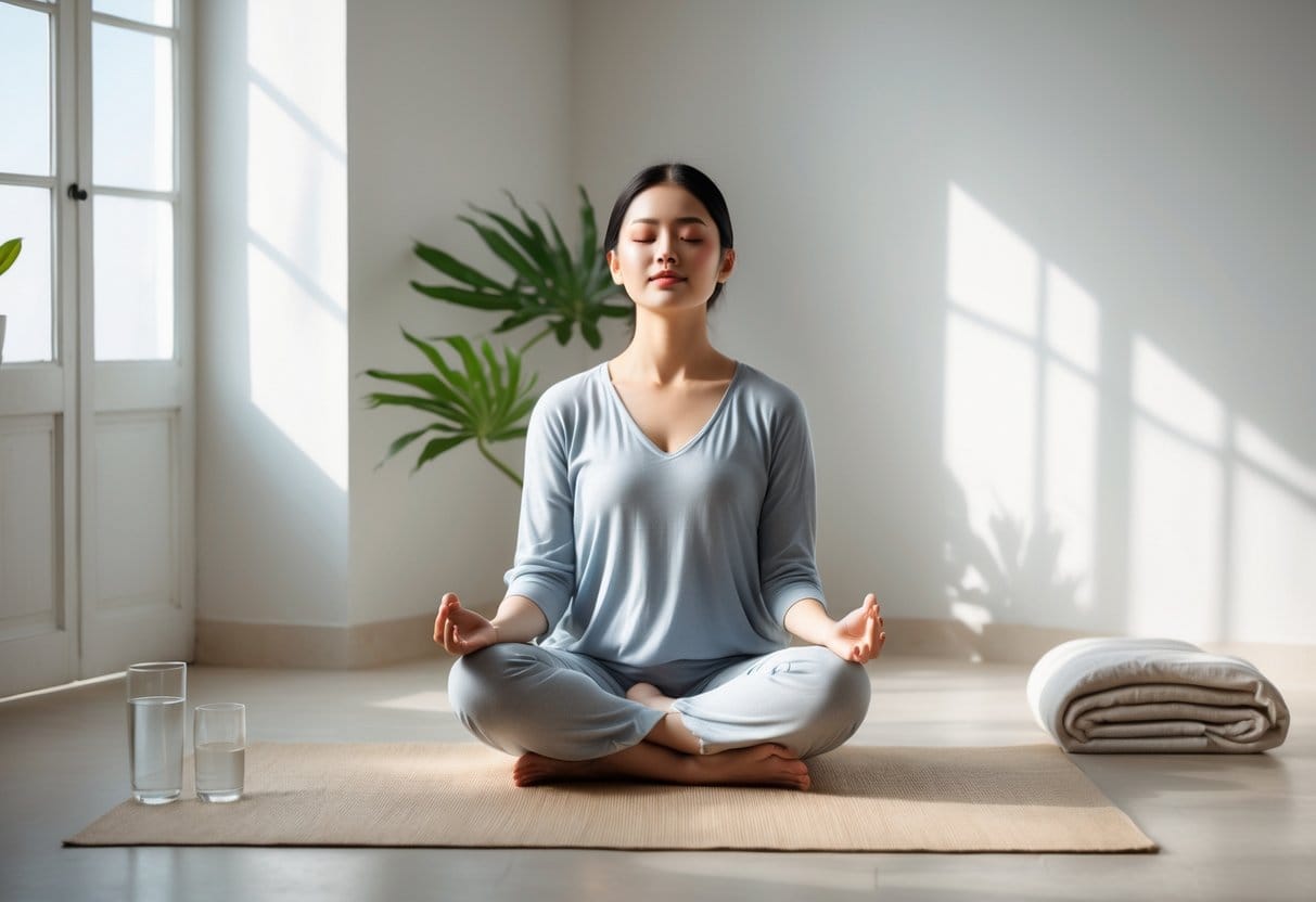 A person sitting cross-legged on a wooden floor in a bright, uncluttered room with a small plant and a glass of water nearby.