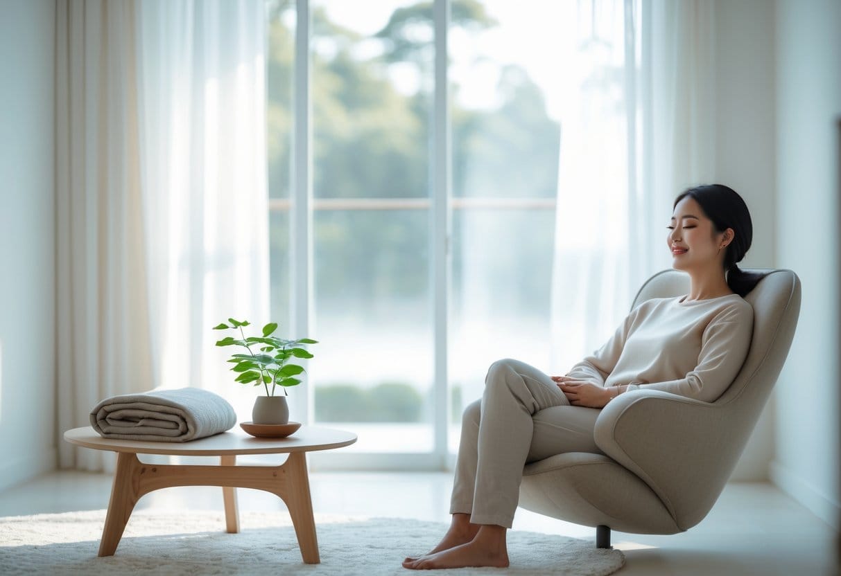 A person sitting peacefully in a simple, bright living room with minimal furniture and a small plant, looking calm and content.