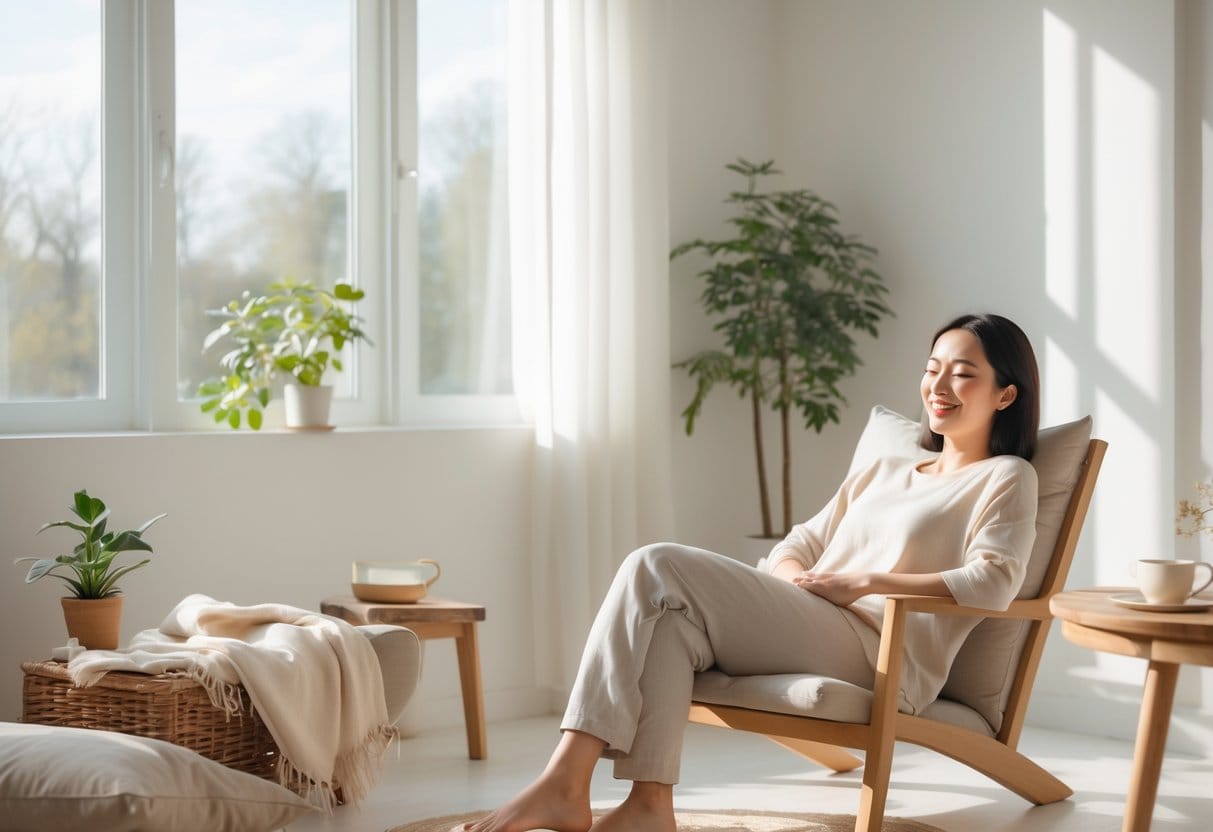 A person sitting peacefully in a bright, minimalist room with natural light, surrounded by simple furnishings and a small plant.