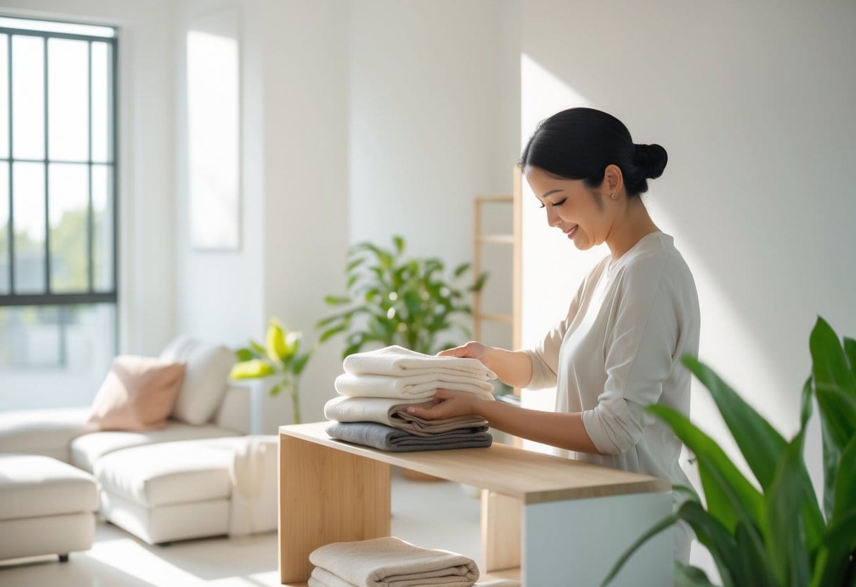 A person organizing clothes in a bright, tidy room with natural light and plants, creating a calm and peaceful atmosphere.