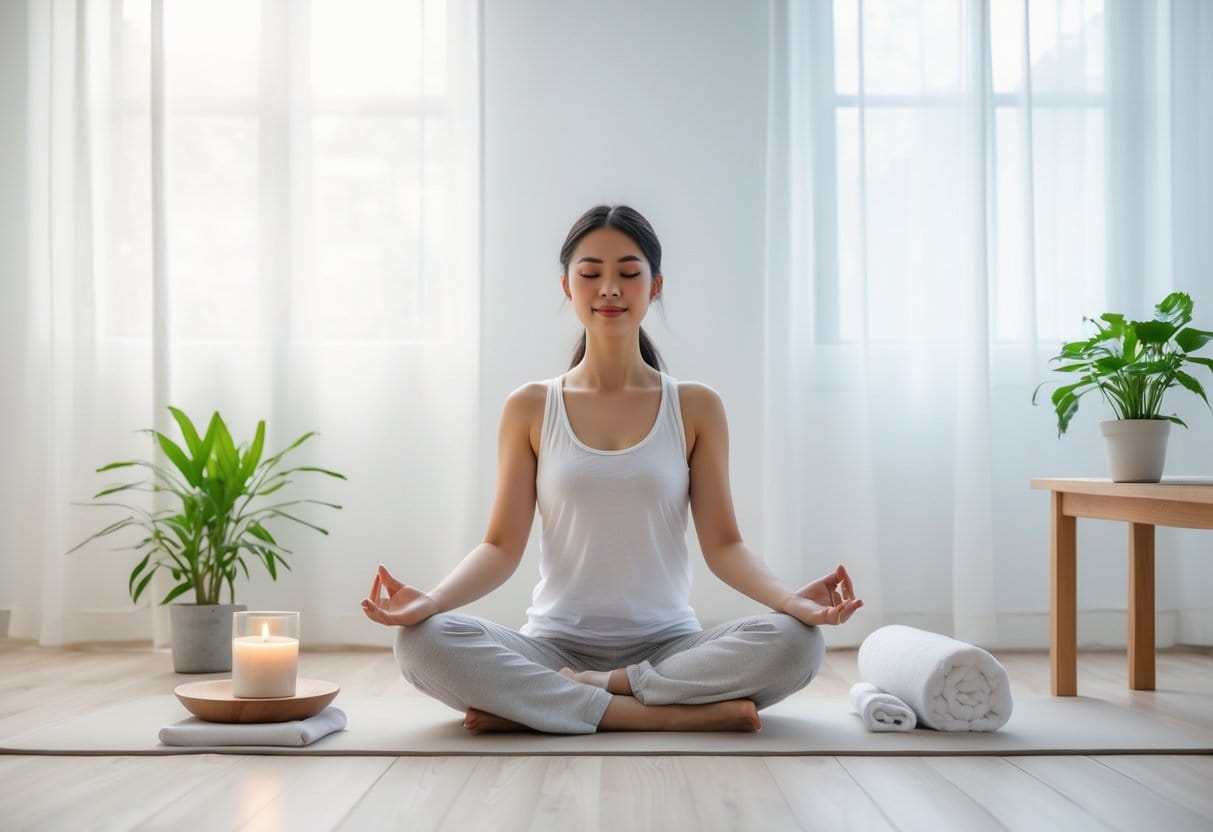 A woman meditating on a wooden floor in a bright, simple room with a plant, water glass, towel, and candle nearby.