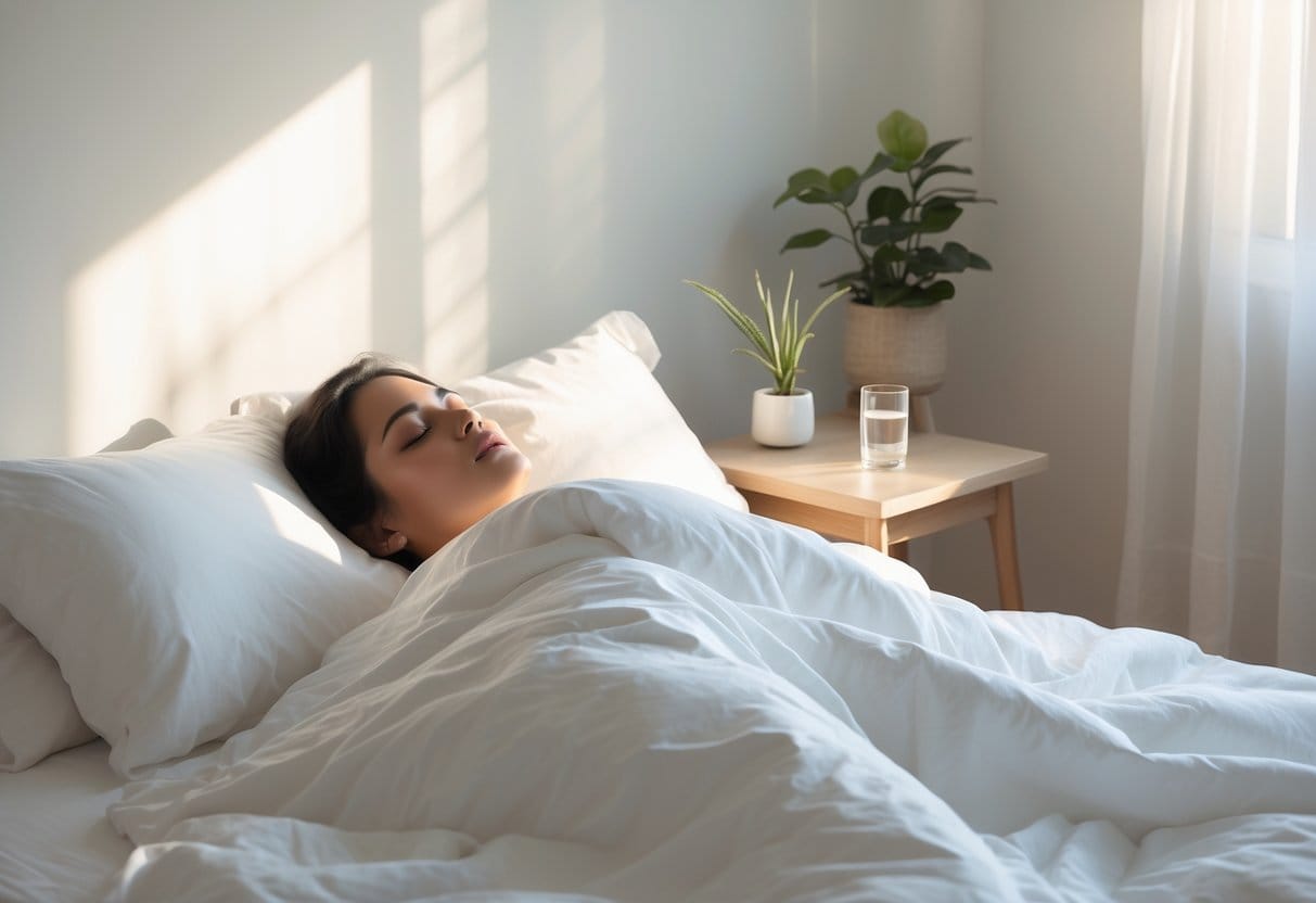 A peaceful bedroom with a person resting on a neatly made bed surrounded by simple, calming decor.